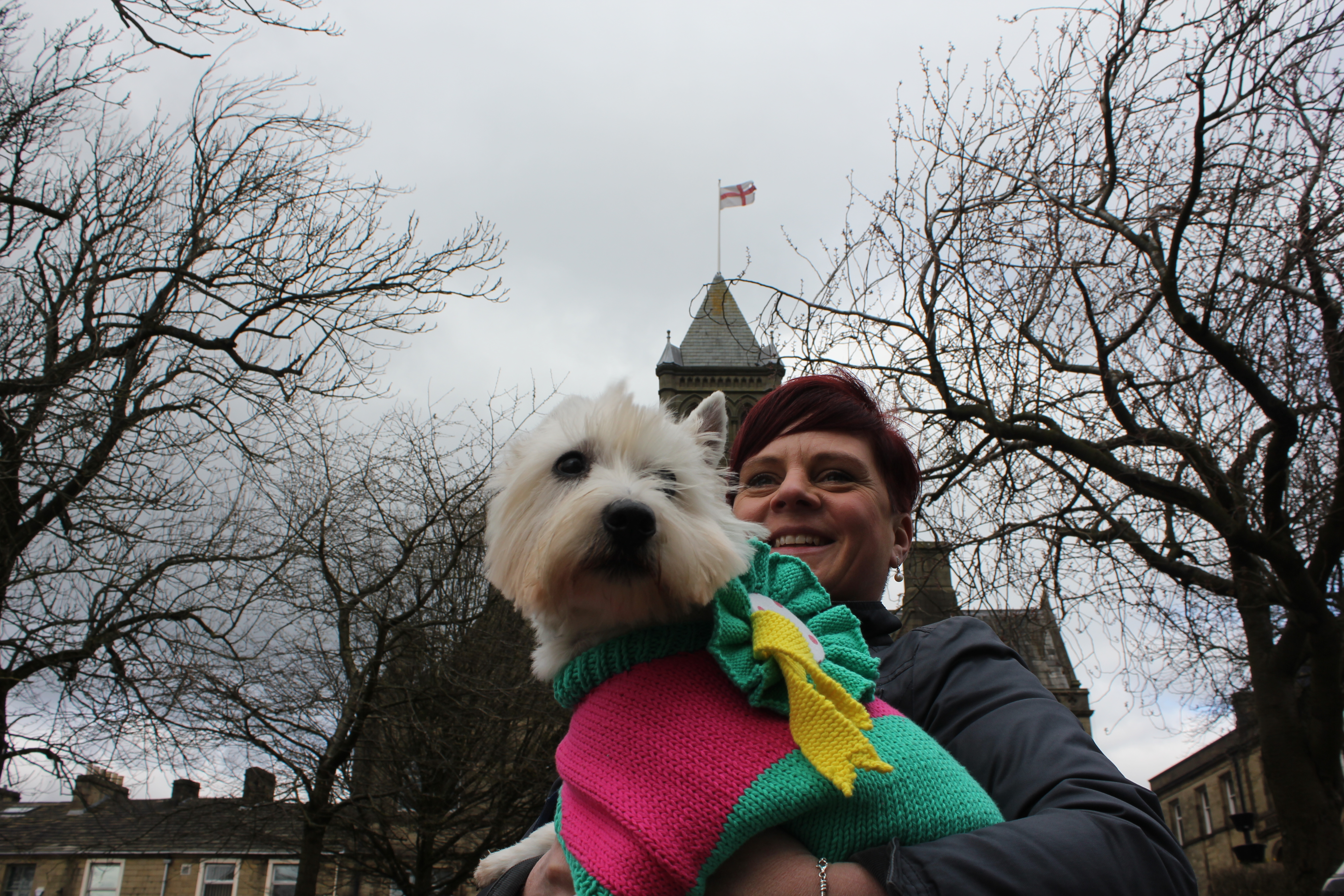 Photo of West Highland terrier Alfie, star of Pendle's Voter ID campaign pictured outside Colne Town Hall