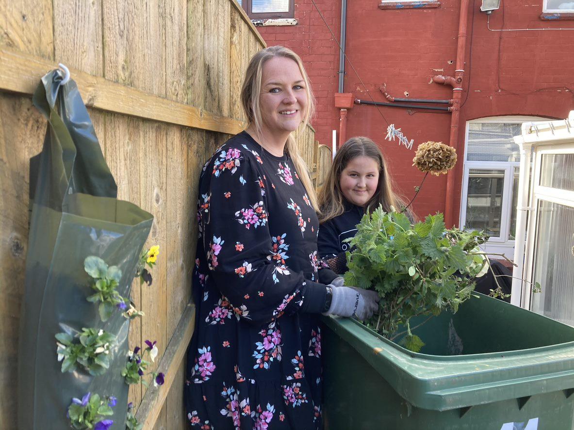 Hannah and Molly, garden waste recycling