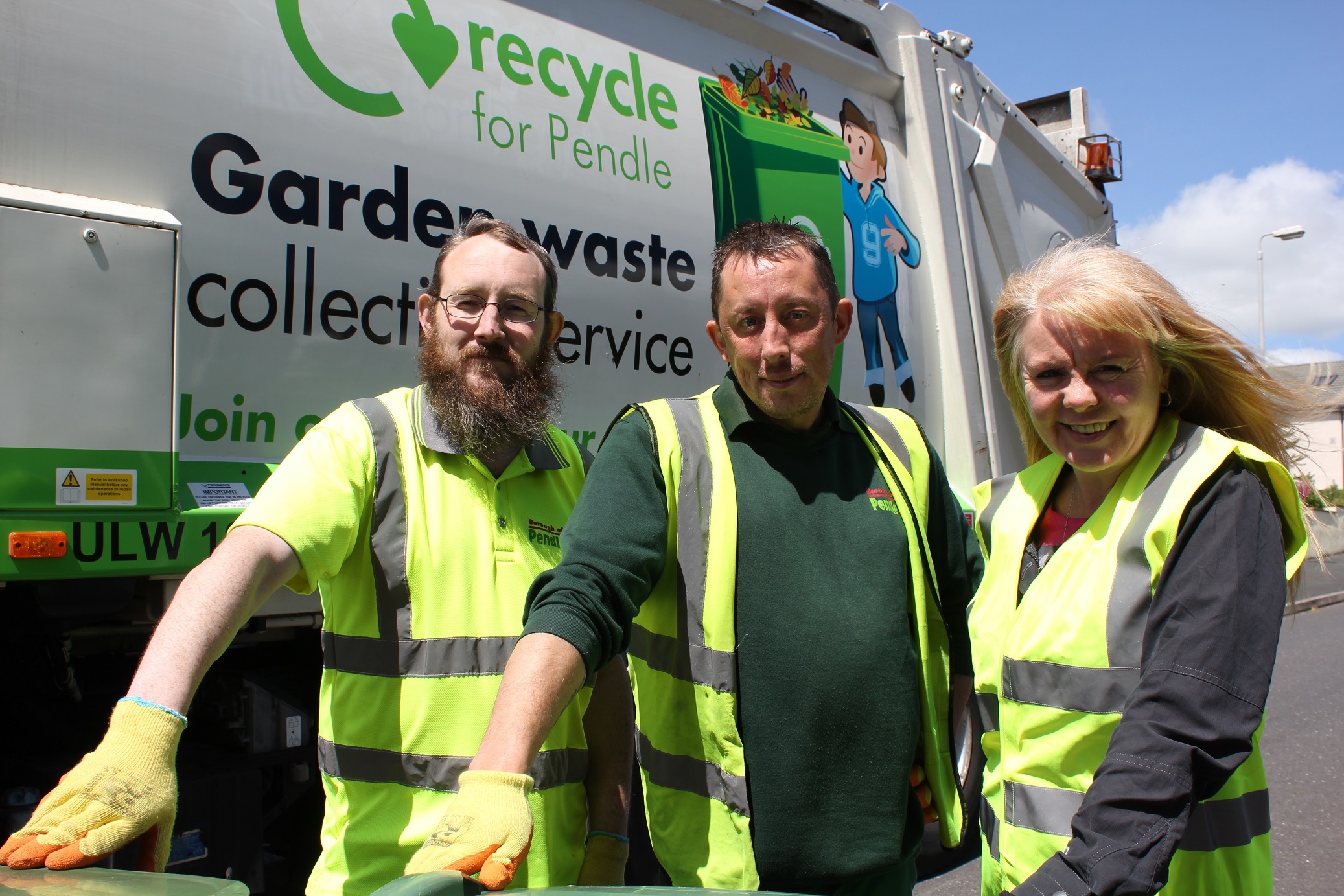 Photo of Carole Taylor, Pendle Council's Waste and Recycling Co-ordinator with garden waste crew members