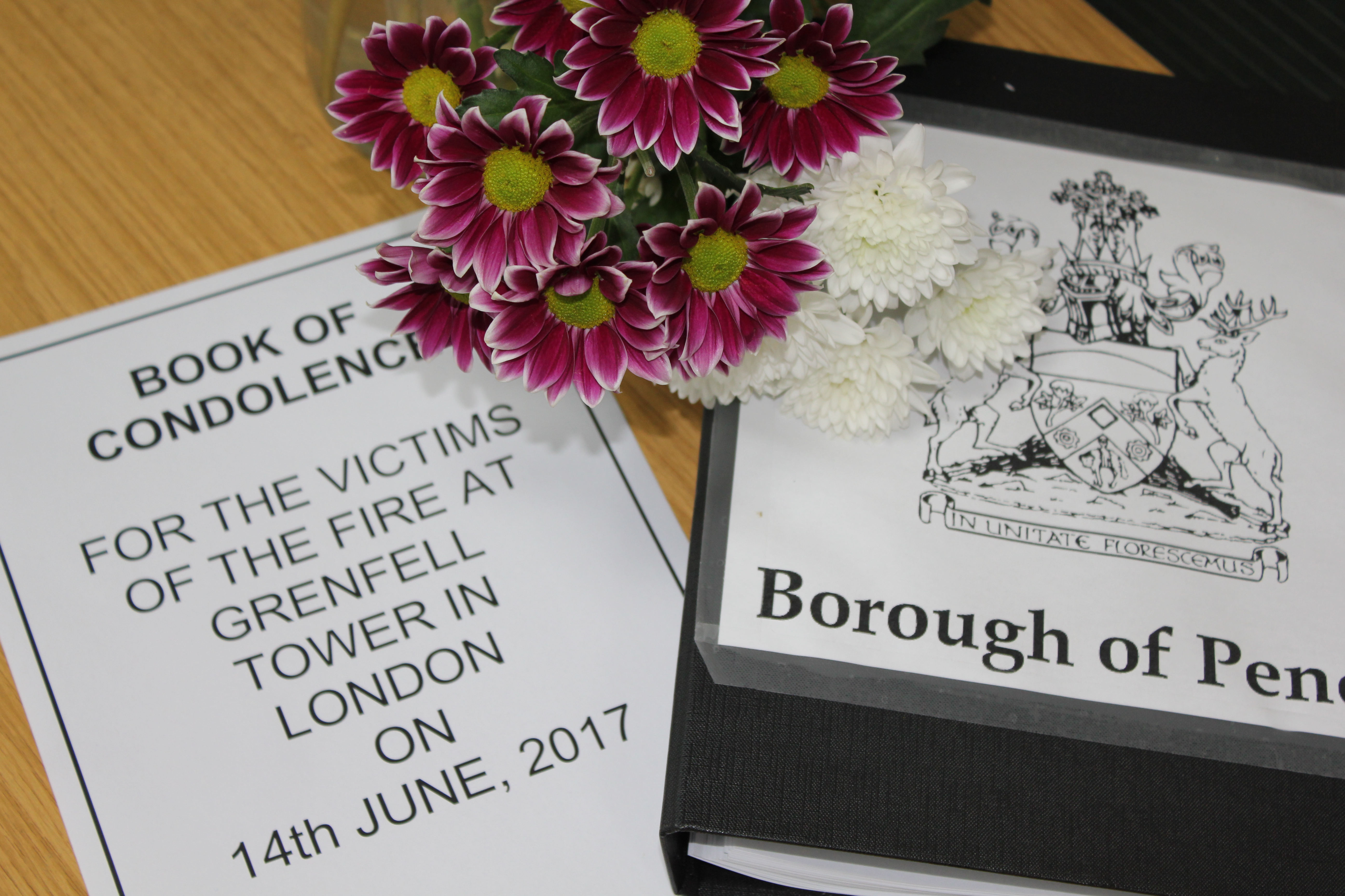 Photograph of the condolences book at Nelson Town Hall for the victims of the Grenfell Tower fire, London.