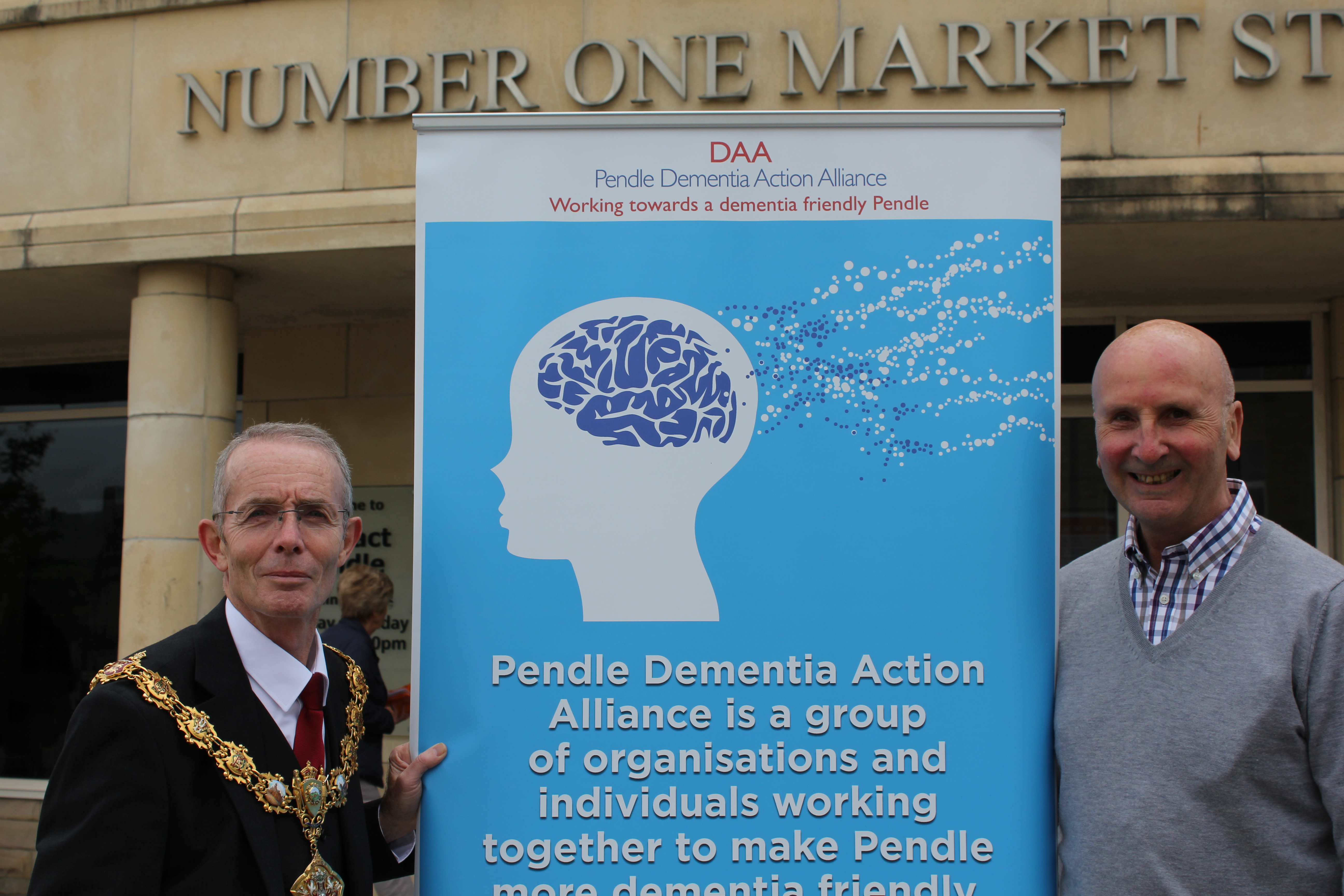 Photo: Cllr David Whalley, Mayor of Pendle, Paul Gauntlett, Chair of Pendle Dementia Action Alliance