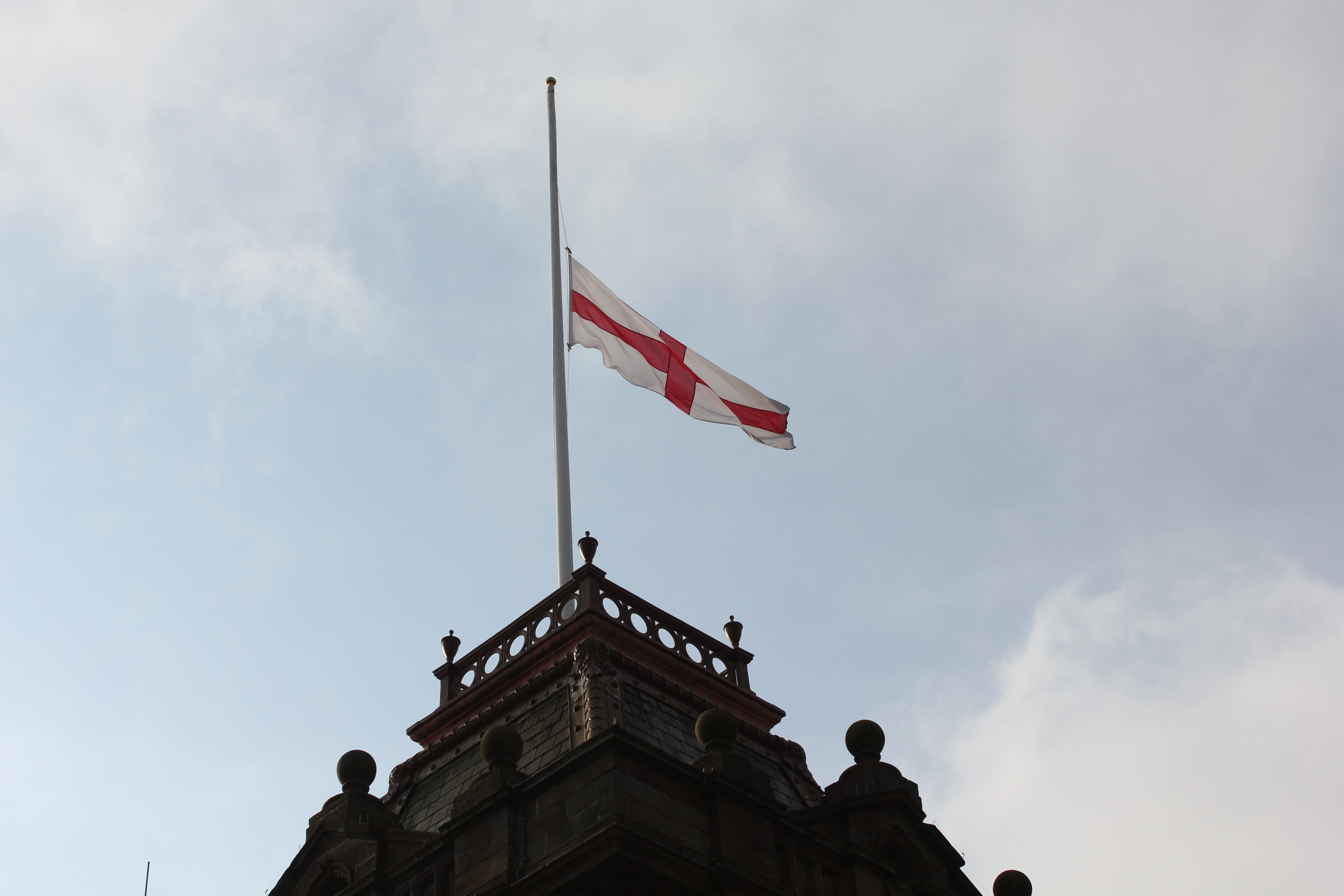 English flags are flying at half-mast