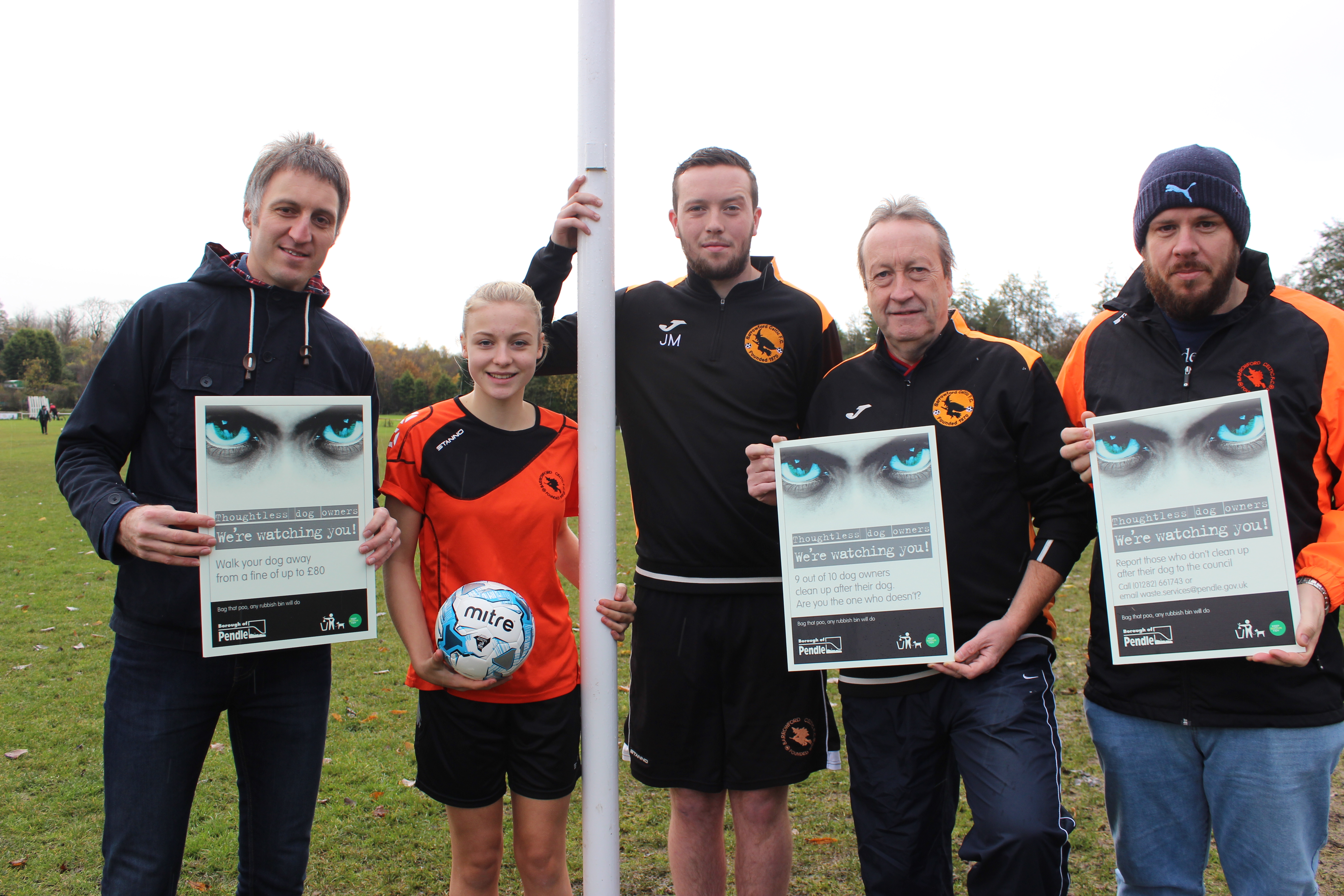 A photo showing Barrowford Celtic and the new anti dog fouling signs
