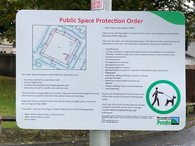 Signs are up in Pendle's parks and green spaces about new Public Spaces Protection order relating to dogs